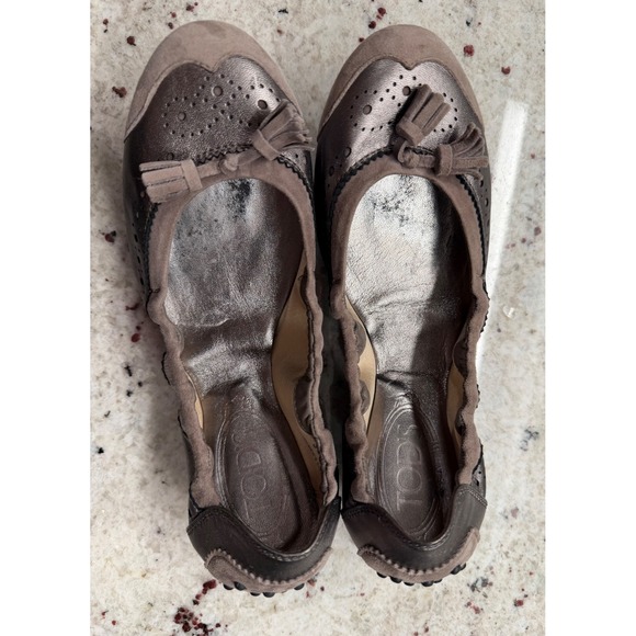 Tod's Women's Size 36.5 (US 6.5) Metallic Taupe Suede Tassel Driving Flats - Picture 3 of 13